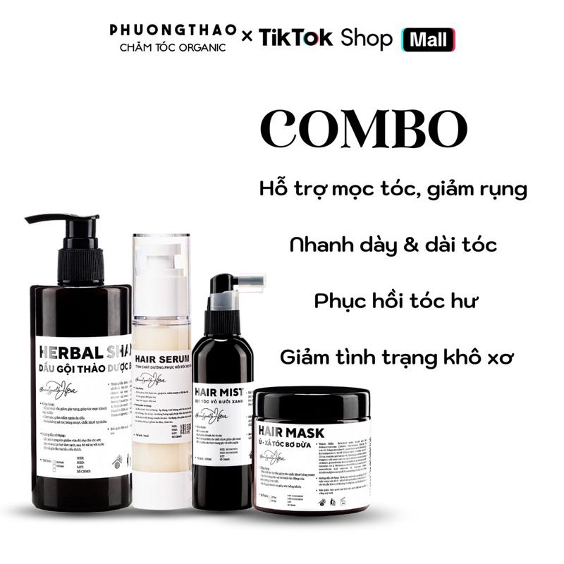 BỘ 4 [Dầu Gội Thảo Dược 300ml, Kem Ủ Xả Bơ Dừa 200gr, Xịt Tinh Dầu Vỏ Bưởi Xanh 100ml, Serum Dưỡng Phục Hồi 50ml] - Hỗ Trợ Mọc Tóc, Giảm Rụng, Dày & Dài Tóc, Phục Hồi Hư Tổn, Gỡ Rối, Bóng Mềm Tóc