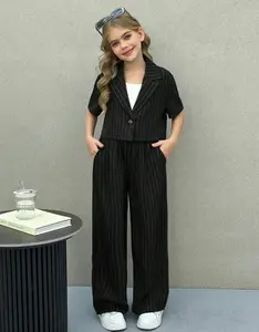 Setelan Anak Perempuan Blazer Kulot Cream Garis Korean Style Outfit Anak Cewek Elegant Viral