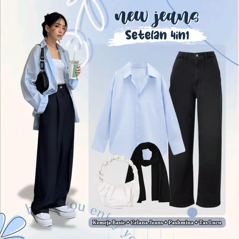 One Set Outfit Remaja - Atasan Kemeja Wanita Kuliah Korean Style, Celana Jeans High Waist Tebal, Jilbab Pashmina Ceruti Anti Letoy LQ008 Baju Biru Basic Panjang 1