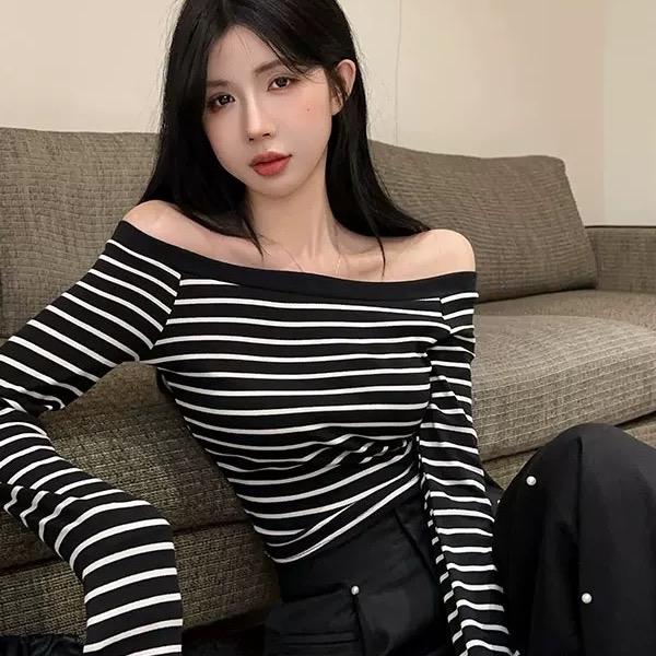 Áo kiểu trễ vai phối sọc tay dài phong cách tiểu thư siêu sang cho nữ Top   xinh xắn