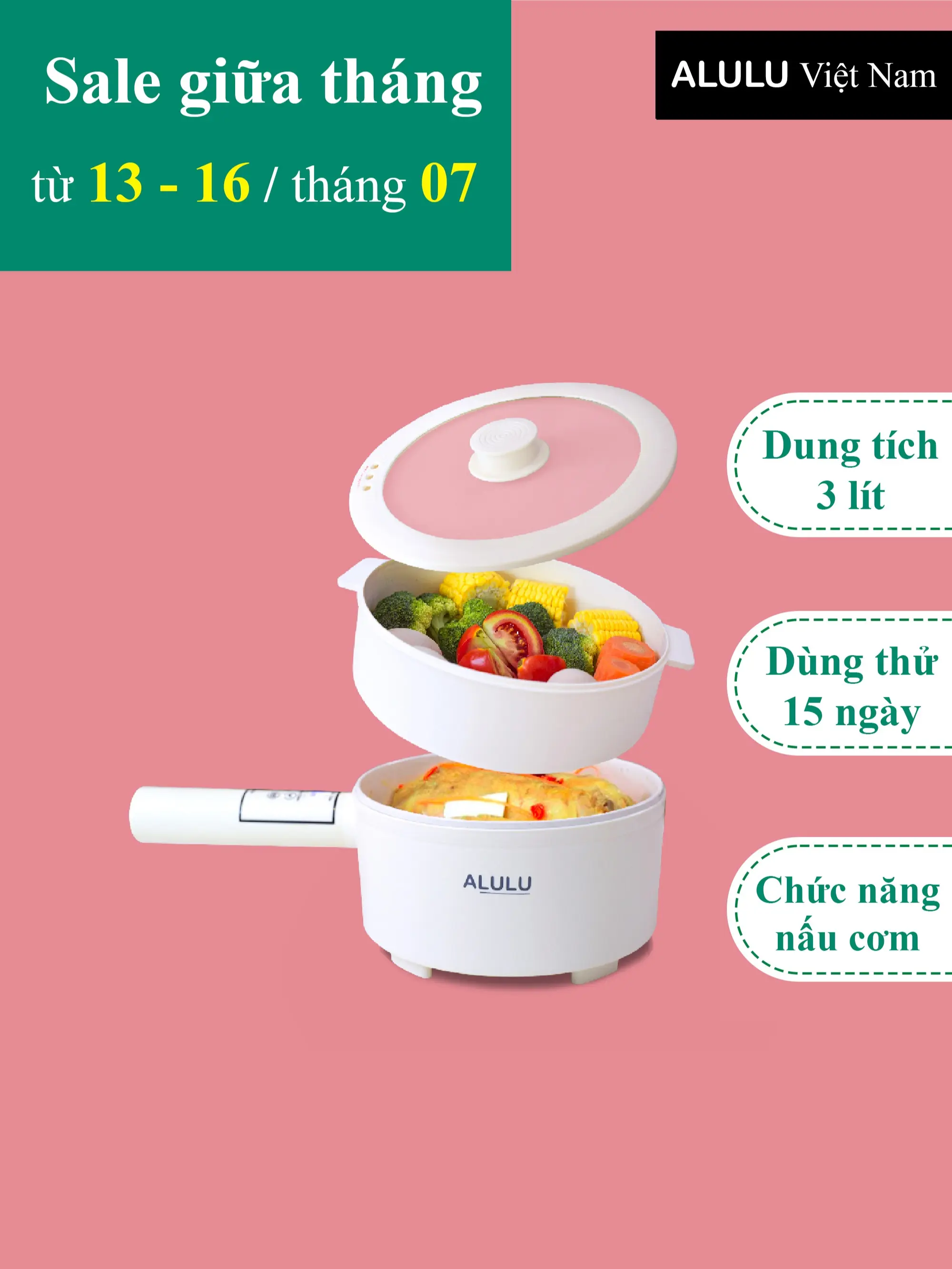 Nồi điện đa năng ALULU, Dung tích 2L - 3L ( kèm xửng hấp ), Bảo hành 12 tháng