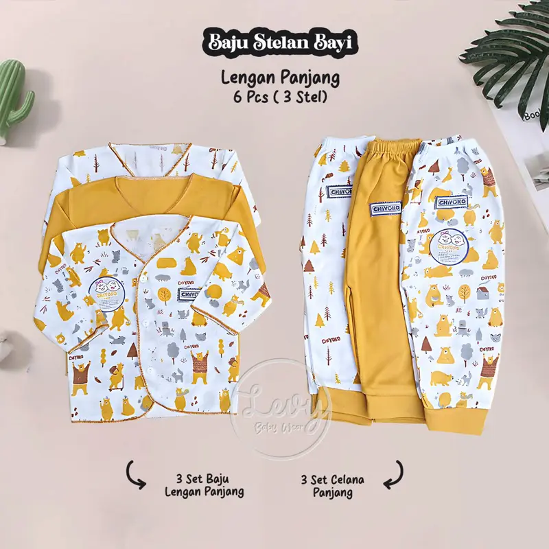 Chiyoko Baby 6Pcs/3 Stel Baju Bayi Panjang Celana Bayi Setelan Bayi Series 8