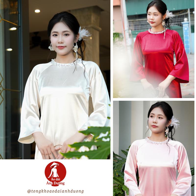 Áo Dài Cách Tân Minh Nguyệt Dáng Suông Cổ Tròn Đính Pha Lê Lụa Tráng Gương Cao Cấp hot trend 2026 phù hợp mặc lễ Tết đám Cưới Hỏi đi chơi - Áo Dài Ánh Dương