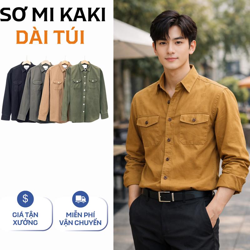  Sơ mi nam kaki 2 túi chất vải kaki dày dặn thoáng mát Menswear Áo Shirt Có Túi somidep Có Cổ Có Cổ sơ  mi  kaki 