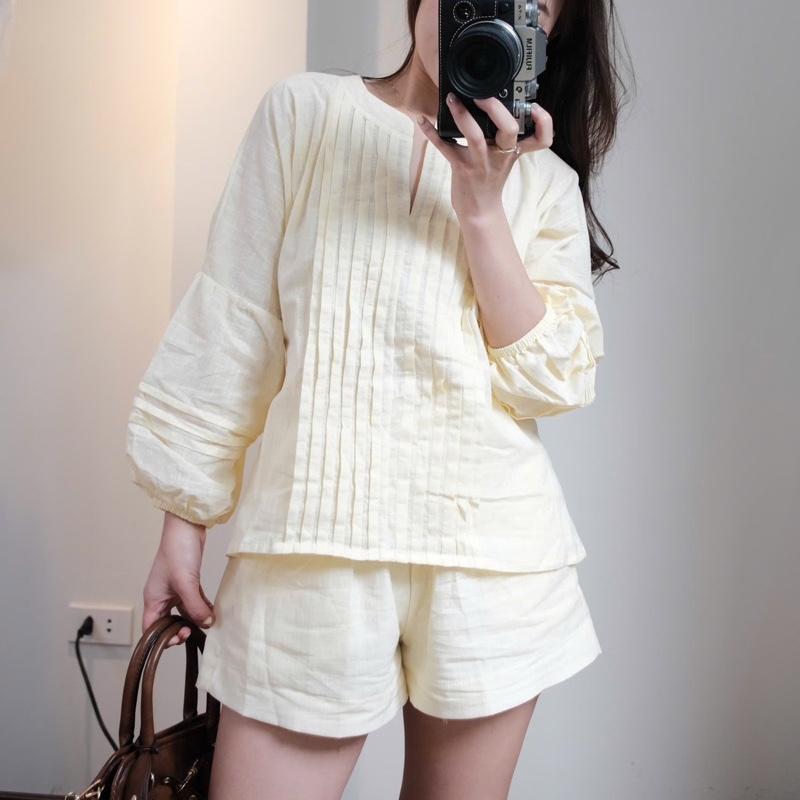 Set Áo Đũi Linen Xếp Li Tay Bồng”RIBI” Mix Quần Sooc Đũi Cạp Chun co giãn-Dành Cho Nữ 1