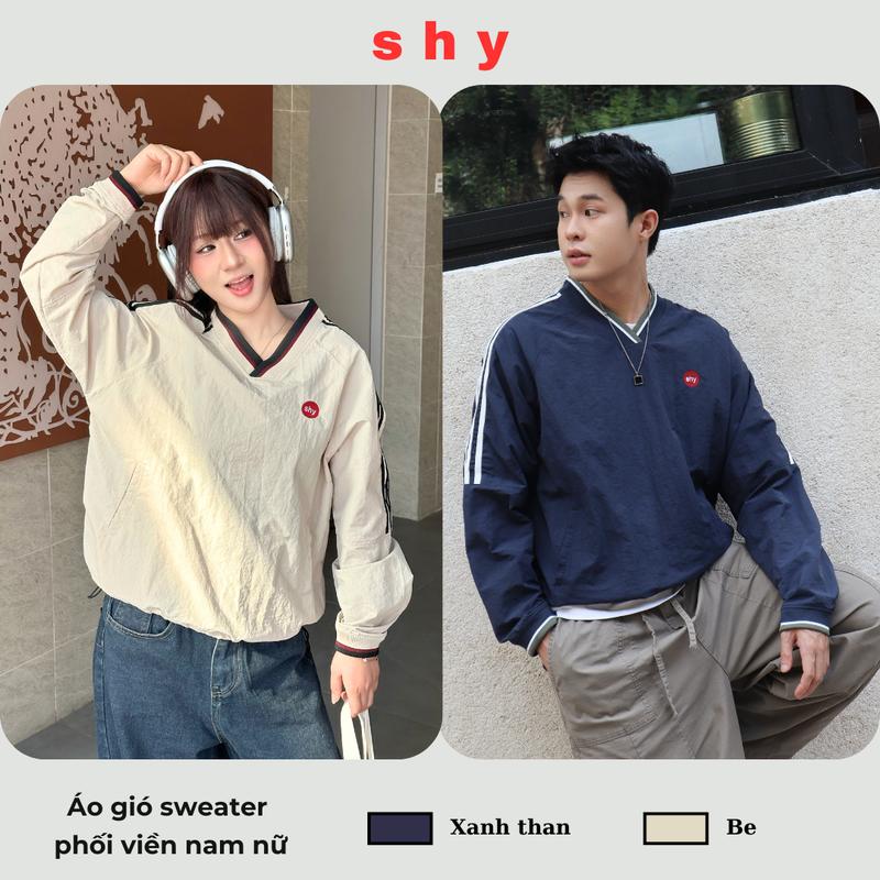 Áo Gió Sweater Form Rộng Cổ V Phối Viền Tay Phong Cách Unisex Thể Thao Màu Xanh Than Shy Basic