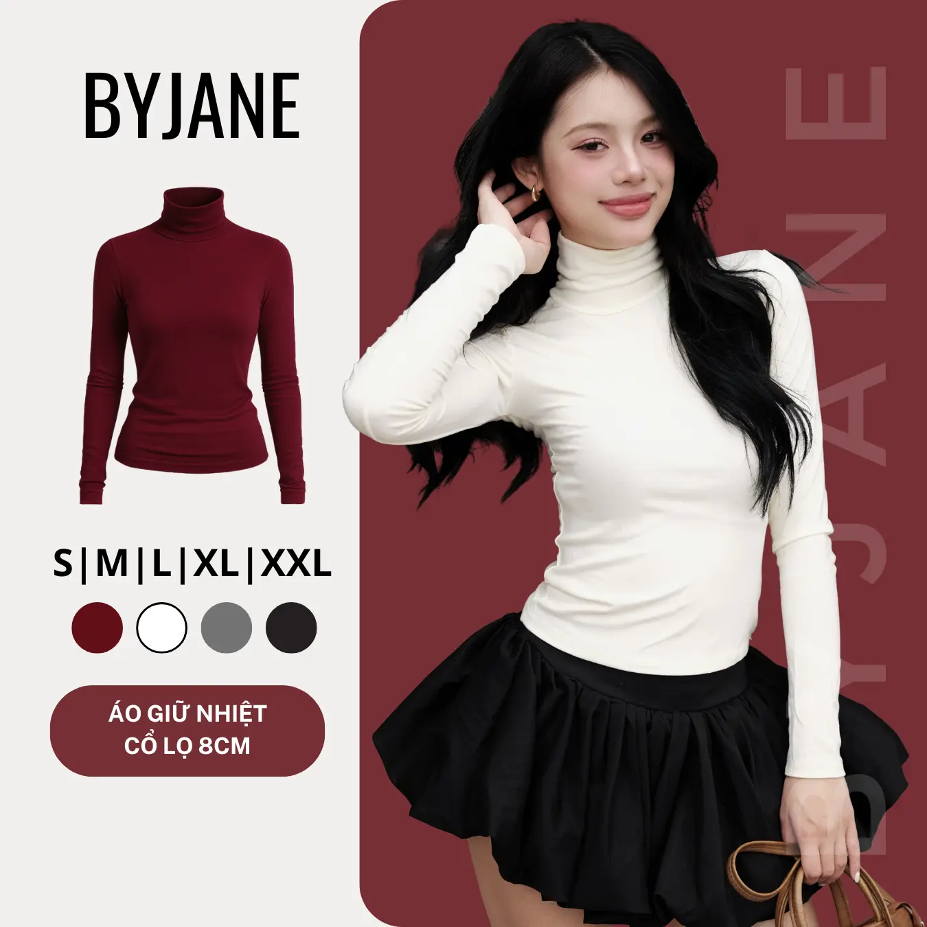 ( XẢ KHO ) Áo Thun Nữ Cổ Lọ 8p Dài Tay BYJANE - 850 - 1