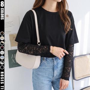 ヴィンテージ ゆるめ Tシャツ＋レース長袖：ユニセックス、重ね着風、甘辛テイストの薄型トップス（レディース向け）