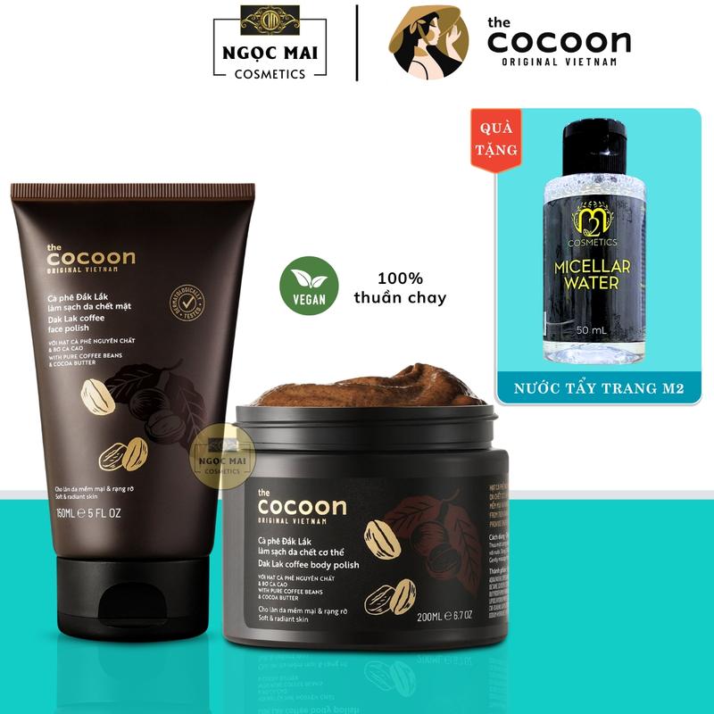 Tặng Tẩy Trang M2 Combo Tẩy Tế Bào Chết Thuần Chay Hạt Cafe Dành Cho Da Mặt Và Body The Cocoon 150m - 200mll Hỗ Trợ Làm Sạch Tế Bào Chết Mịn Da Đều Màu