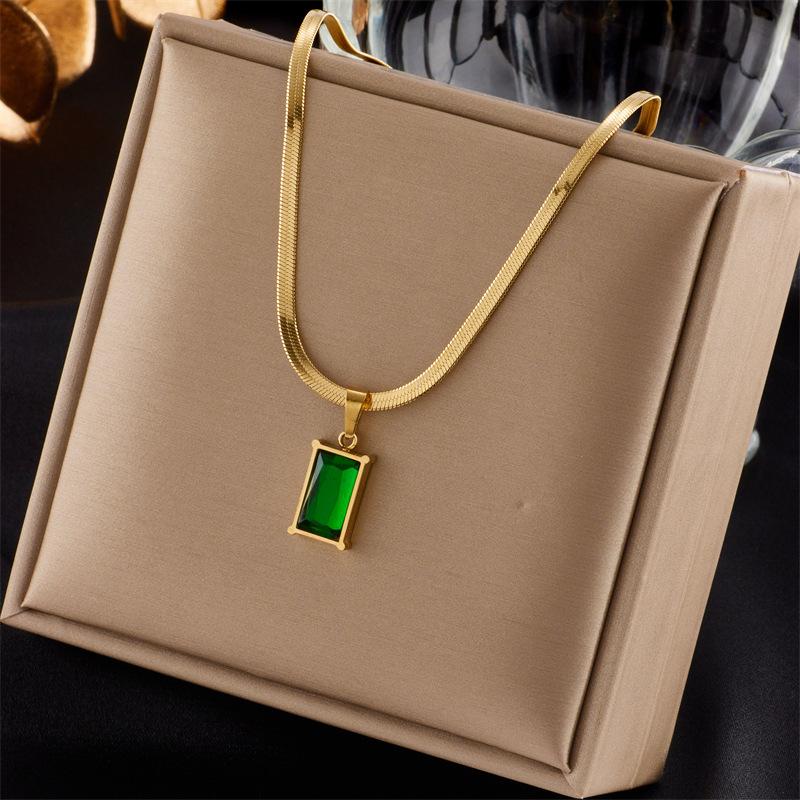 3 piece elegant minimalist necklace and earrings set, gold tone snake chain rectangular emerald green cubic zirconia pendant and hoop earrings 6