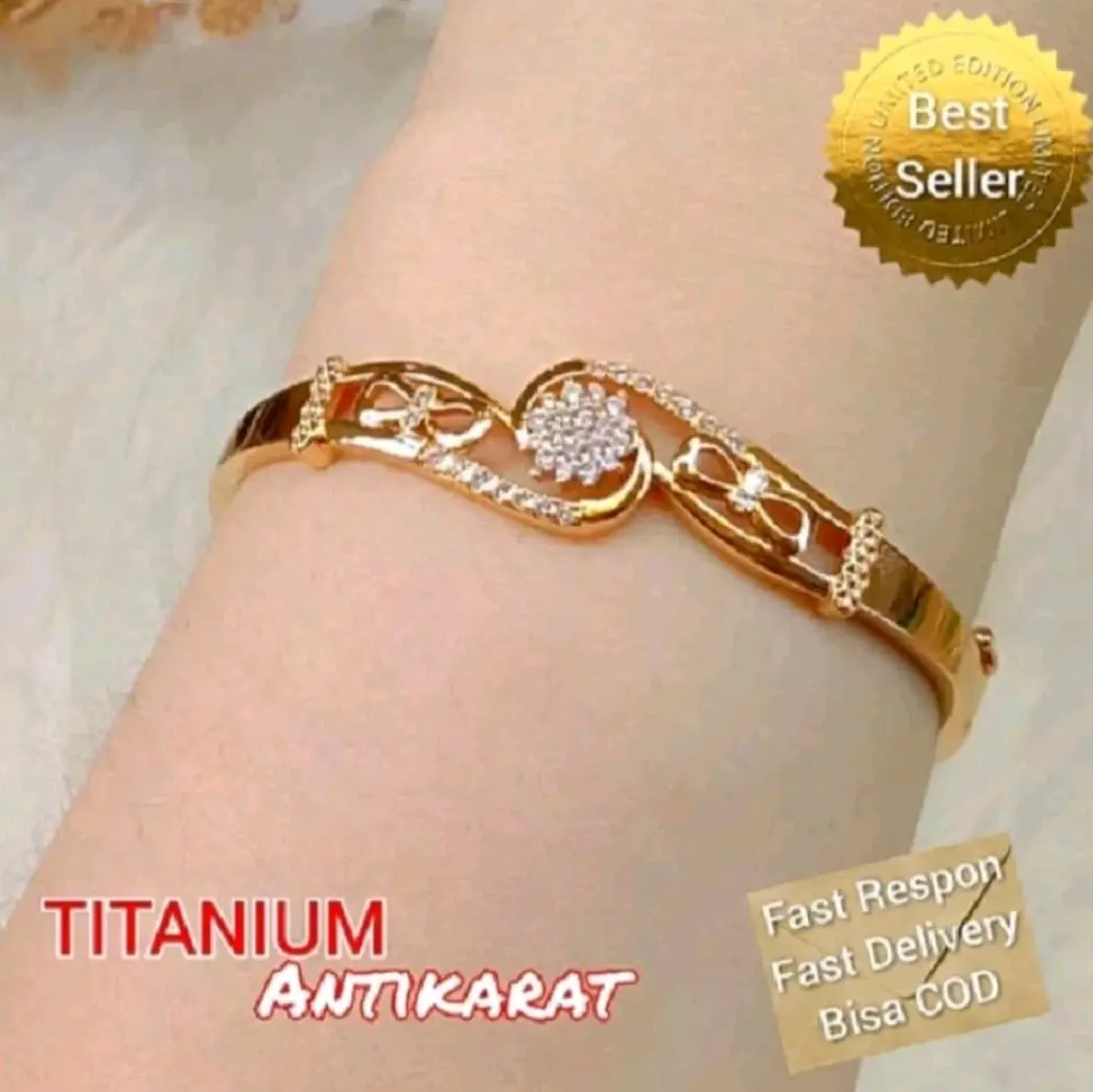 GELANG BANGLE BUNGA TITANIUM DEWASA MEWAH GOLD 24K