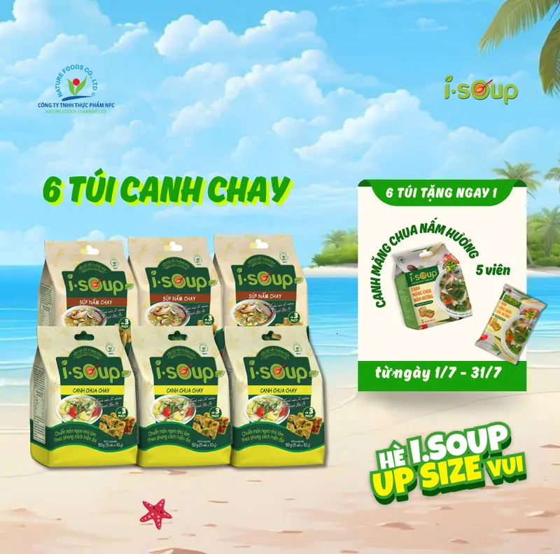 SUMMER DEAL COMBO 6 TÚI CANH ISOUP (3 SÚP NẤM CHAY + 3 CANH CHUA CHAY) - Canh Ăn Liền Sấy Thăng Hoa 0