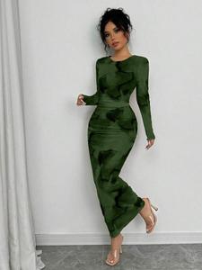 Vestido elegante de manga larga con degradado, corte ajustado para mujer, moda de primavera y otoño, falda larga y estilosa, perfecto para uso casual