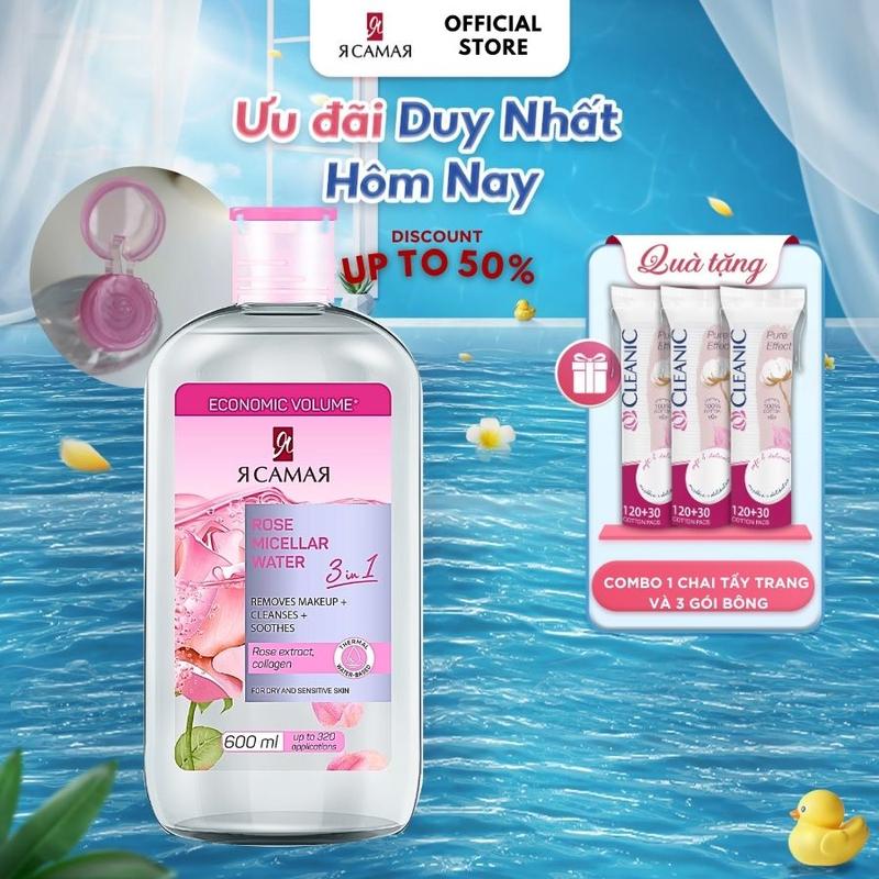 YA SAMAYA Combo 1 Chai Nước Tẩy Trang 600ml Micellar Water 3-in-1 & 3 Gói Bông Tẩy Trang Cleanic 150 Miếng Dành Cho Mọi Loại Da Serum Làm Sạch Da Dưỡng Ẩm Giữ Ẩm Cho Da