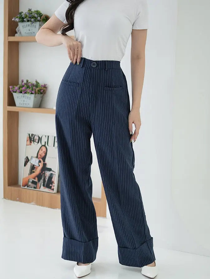 ADA - Chavia Striped Highwaist Long Pants #7756 Celana Formal Salur Panjang Casual Semi Basic Wanita Kerja