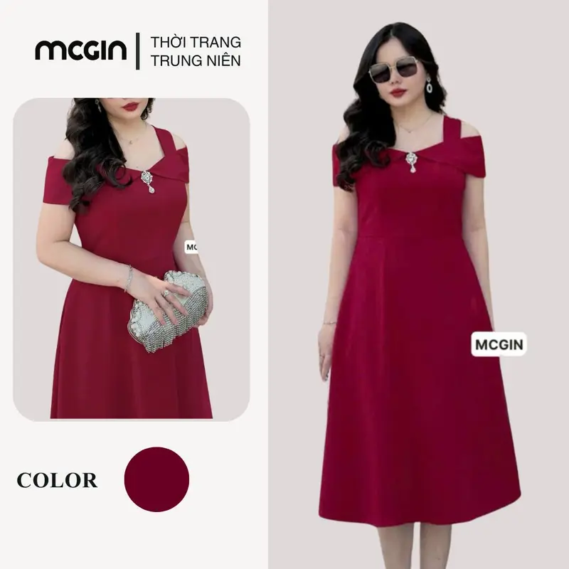 [CG047] Đầm thiết kế đi tiệc cao cấp Ads sang trọng thanh lịch, đầm xòe trễ vai MIA CG047 nhẹ nhàng thích hợp cho đám cưới đi event kiểu dáng basic cổ điển MCGIN Nữ Women Dress Tre Cotton Thun đầm  bigsize dự đầm  đỏ váy  đen 2