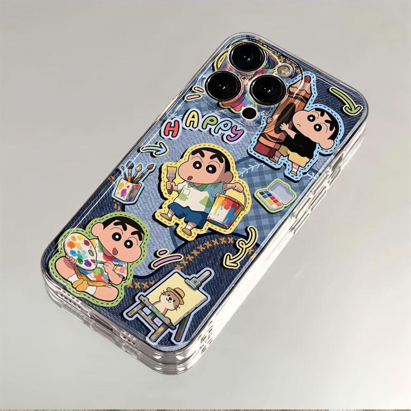 Việt Nam giao trong 3 ngày Ốp lưng TPU trong suốt không vàng có thể giặt chống va đập Bộ sticker Crayon Shin-chan chủ đề hội họa nền vải jean kèm chữ Happy phụ kiện màu sắc rực rỡ phong cách vui tươi tương thích iPhone 11 12 13 14 15 16 17 Pro Max Plus