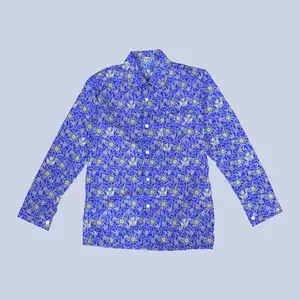 Baju Batik Sekolah Nasional Motif Bunga Rampe Biru Lengan Panjang