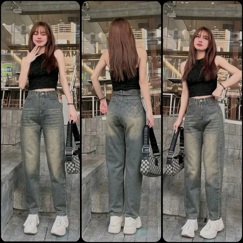 (S-XL dài 95cm) Quần Baggy Jeans Nữ Lưng Cao Họa Tiết Thêu, Tông màu ánh vàng bụi dơ, chất jean cotton mềm không giản, quần dài 95cm. 3410 quần jean Women Pants bui