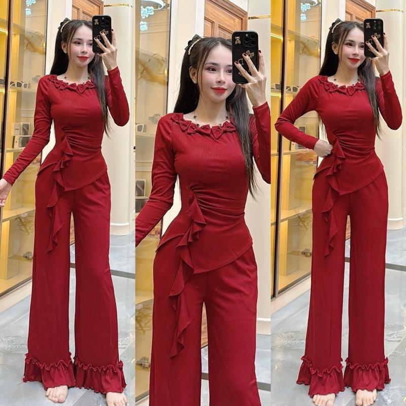 Mã C308 Sét Áo Cổ Tròn Đính Nơ Tay Dài Quần Suông Bèo Thun Gân Tăm Lạnh