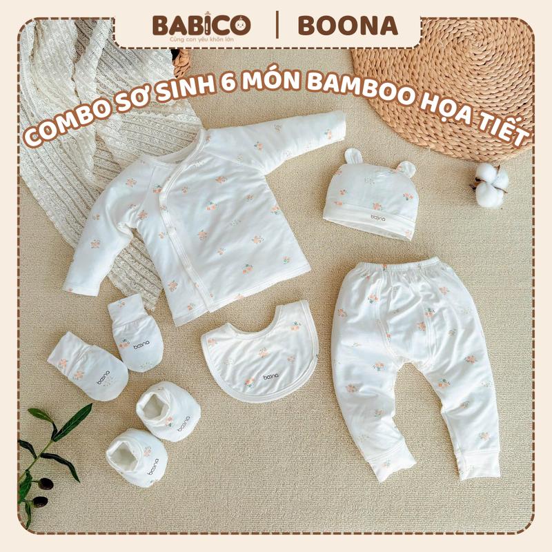 Combo Sơ Sinh 6 Món: Bộ Quần Áo Dài Tay, Set Mũ Bao Chân Tay Kèm Yếm Cổ Cho Bé Chất Liệu Bamboo Silk Mềm Mại