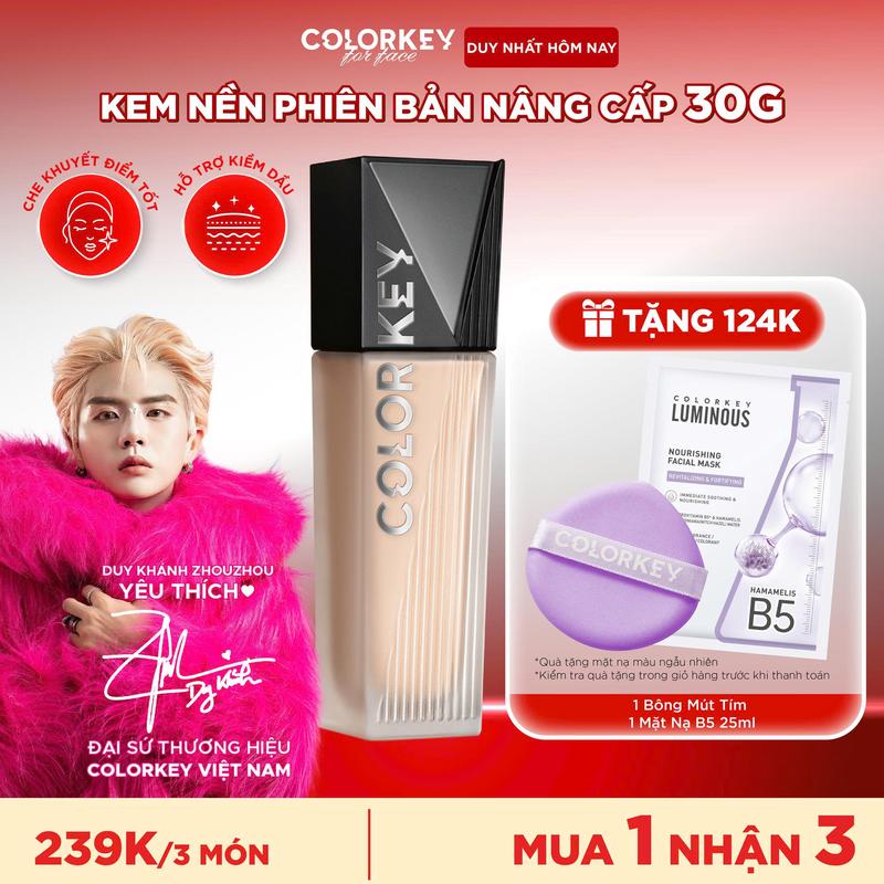 OFFICIAL Kem Nền COLORKEY PHIÊN BẢN NÂNG CẤP Chân Ái Cho Da Dầu Giúp Lớp Trang Điểm Lì Mỏng Nhẹ Không Dễ Xỉn Màu 30g