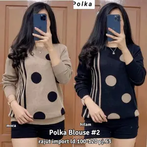 kaos rajut import motif polka/blouse rajut import motif terbaru/atasan rajut import halus Baju Wanita Knitwear Top Nyaman Panjang