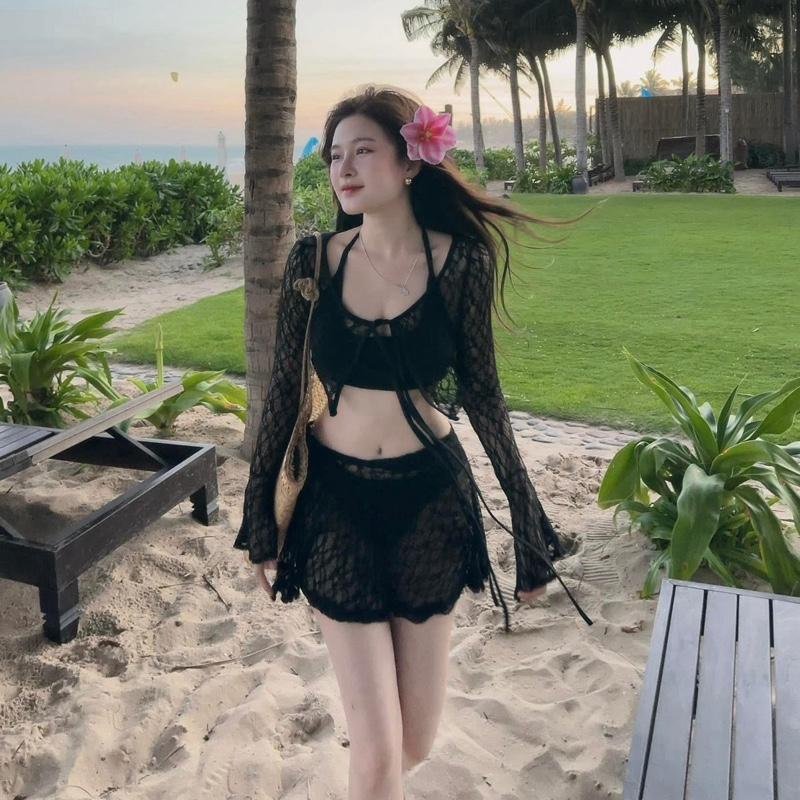 Sét 4 món áo bra có mút quần bikini kèm áo khoác ren chân váy ren chuẩn hình cao cấp