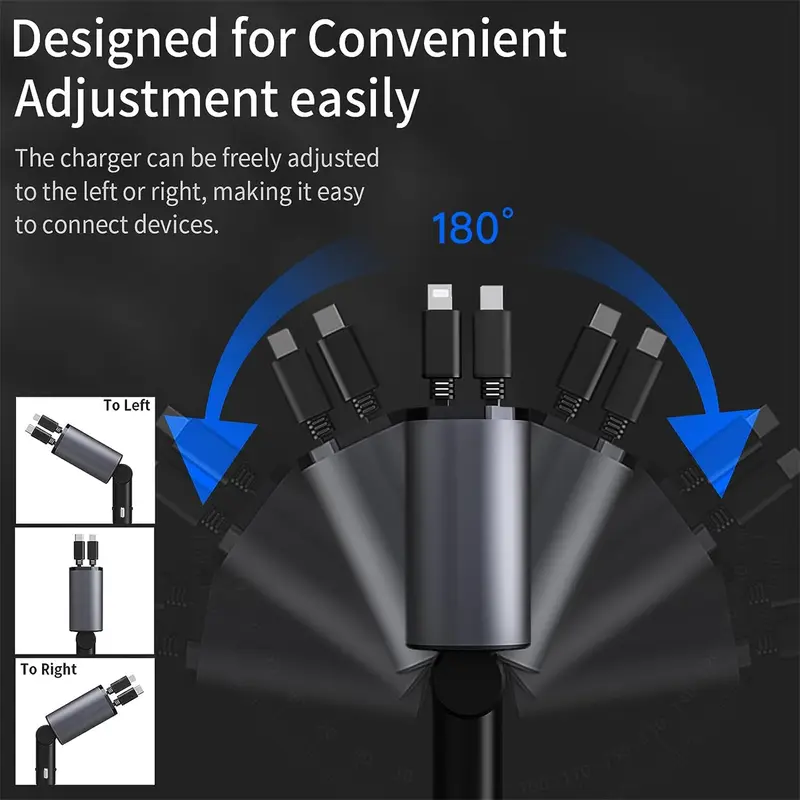 Bộ sạc ô tô có thể thu vào,  điện thoại ô tô nhanh 4 trong 1 60W, Cáp có thể thu vào và  ô tô USB, Tương thích với iPhone15 /14/13/12/ 11, Galaxy, Pixel Bộ Sạc Nhanh 3