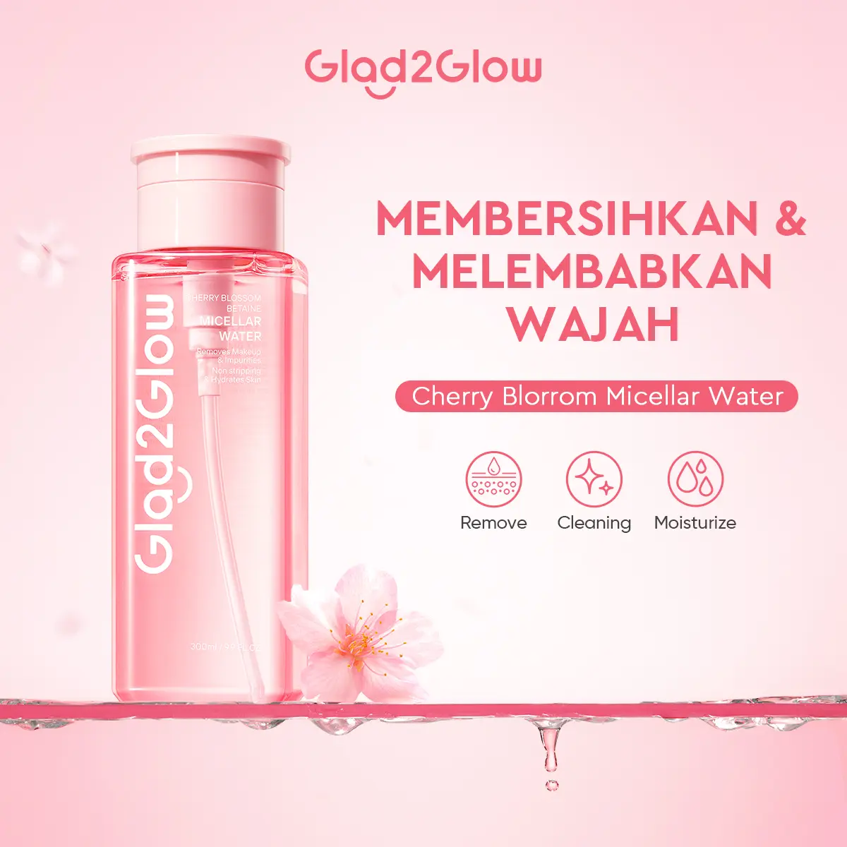 Glad2Glow Cherry Blossom Betaine Micellar Water Kotoran Kusam Remover Wajah Kapas Bersihkan