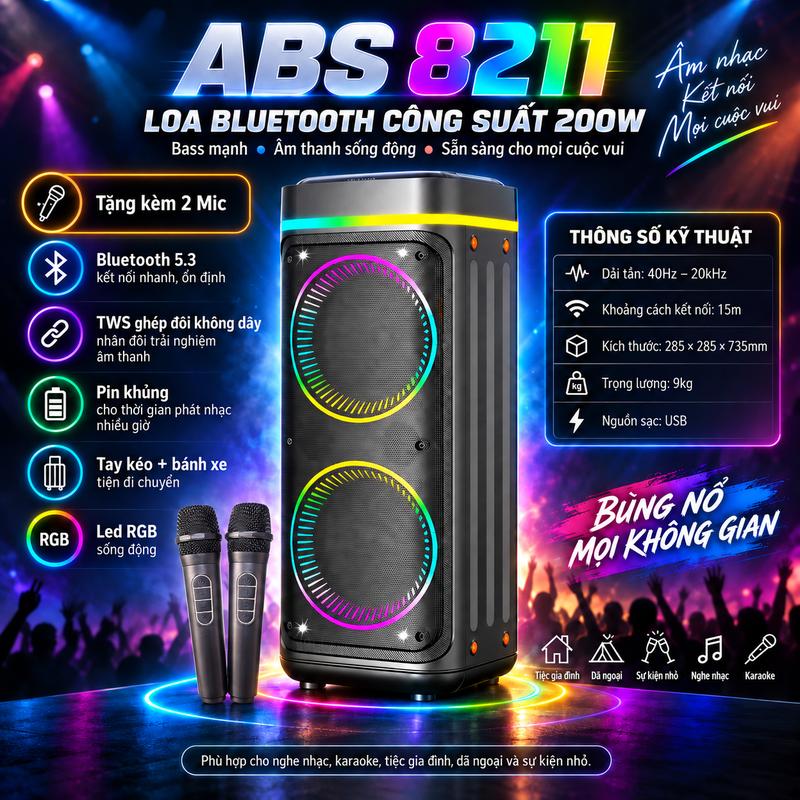 ( Lawee ) Loa Nghe Nhạc Bluetooth ABS 8211 Công Suất 200w Tặng Kèm 2 Mic Kết Nối USB, Thẻ Nhớ, Aux , Mic - Kết Nối TWS