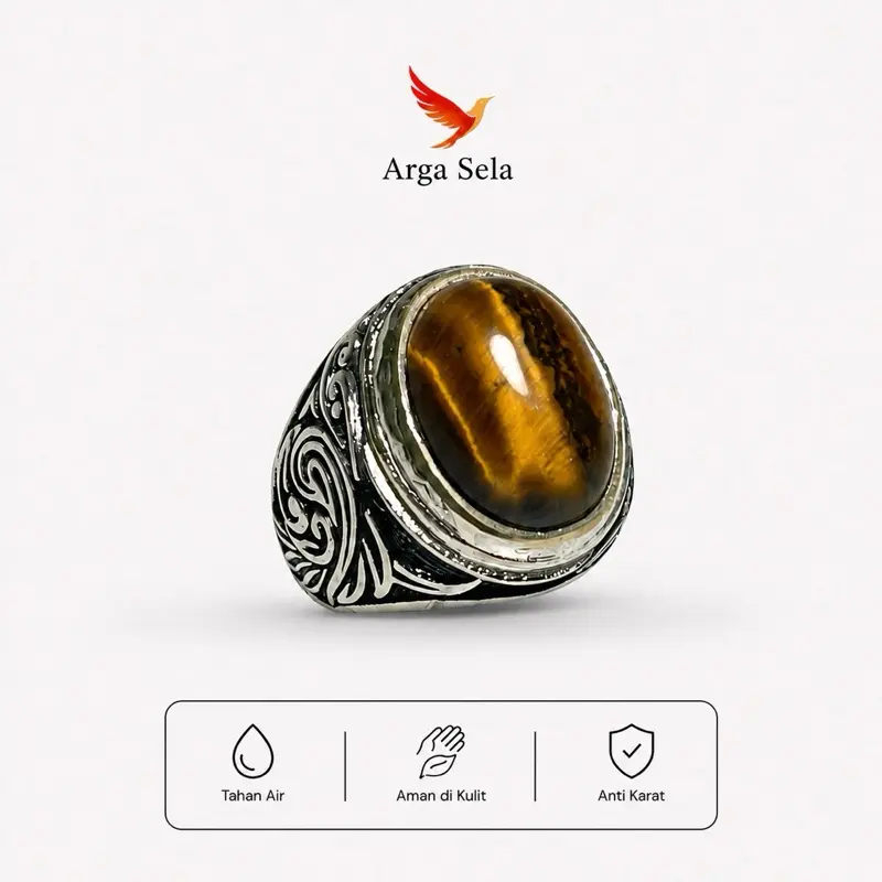 Cincin Batu Tiger Eye Natural Coklat Klep Keemasan Besar 16x12 Ikat Alpaka Super Anti Karat