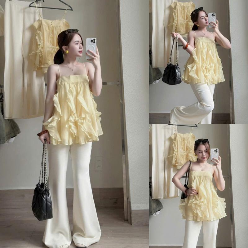 Set bộ nữ áo babydoll 2 dây bèo lai xinh xắn mix quần dài suông sang chảnh giúp Nàng nổi bật đi chơi dự tiệc