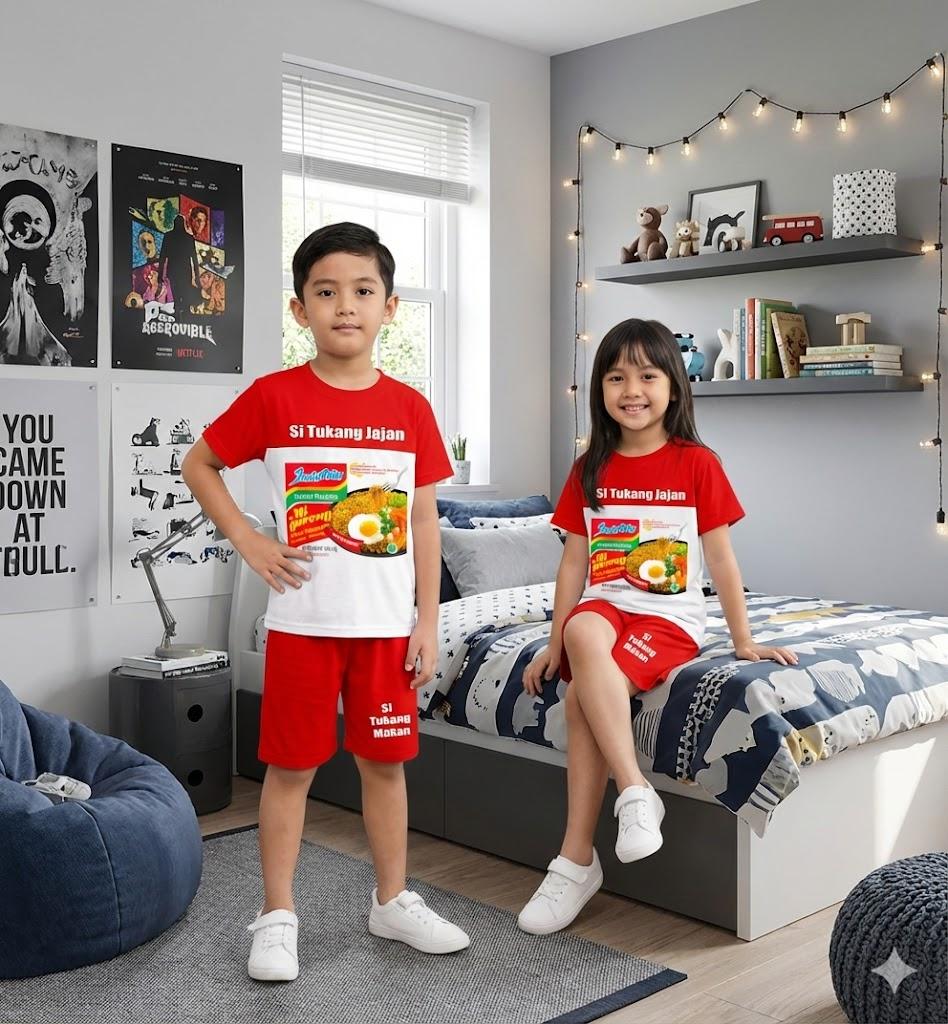 Setelan Anak Harian Viral Terbaru Limited Edition Motif Makanan Mie goreng dan gambar Minuman untuk Usia 1-10 Tahun Desain Unik Nyaman dan Senang Dipakai