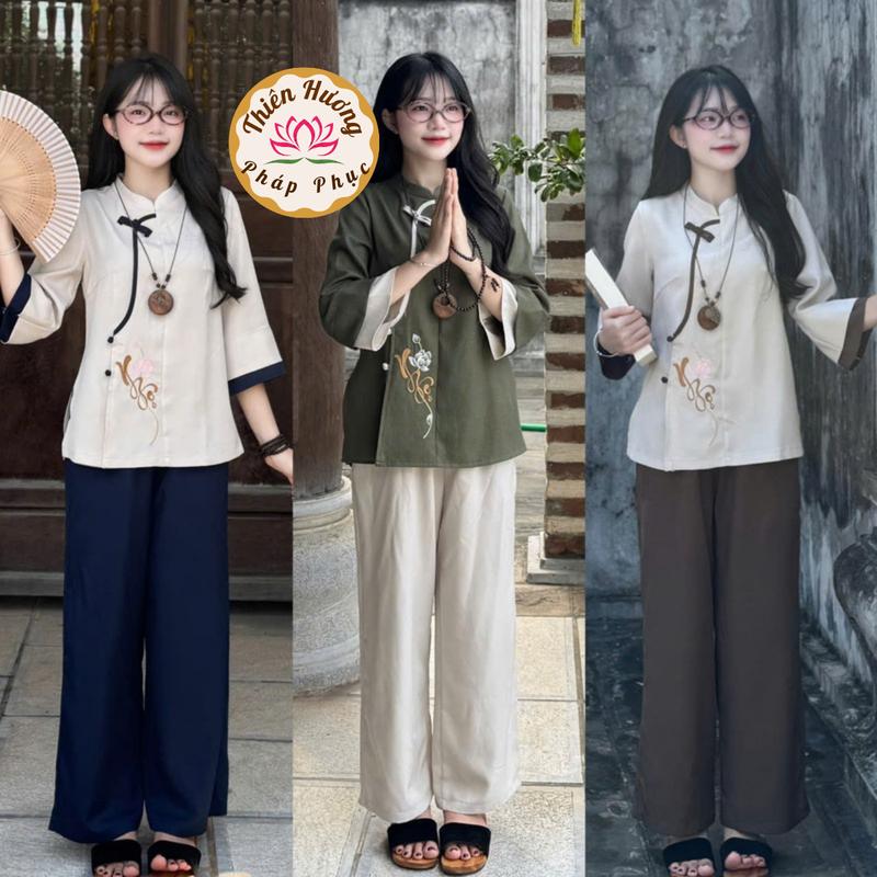  Đồ lam đi chùa cổ tàu cúc chéo thêu sen chữ Ngộ vải đũi thái Pháp phục lễ chùa tay phối viền đũi mềm mịn 