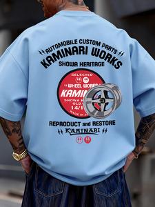 ヴィンテージ車改造作業着スタイルプリントTシャツ、ユニセックス・ルーズフィット、カジュアル半袖トップス（メンズ／レディース兼用）