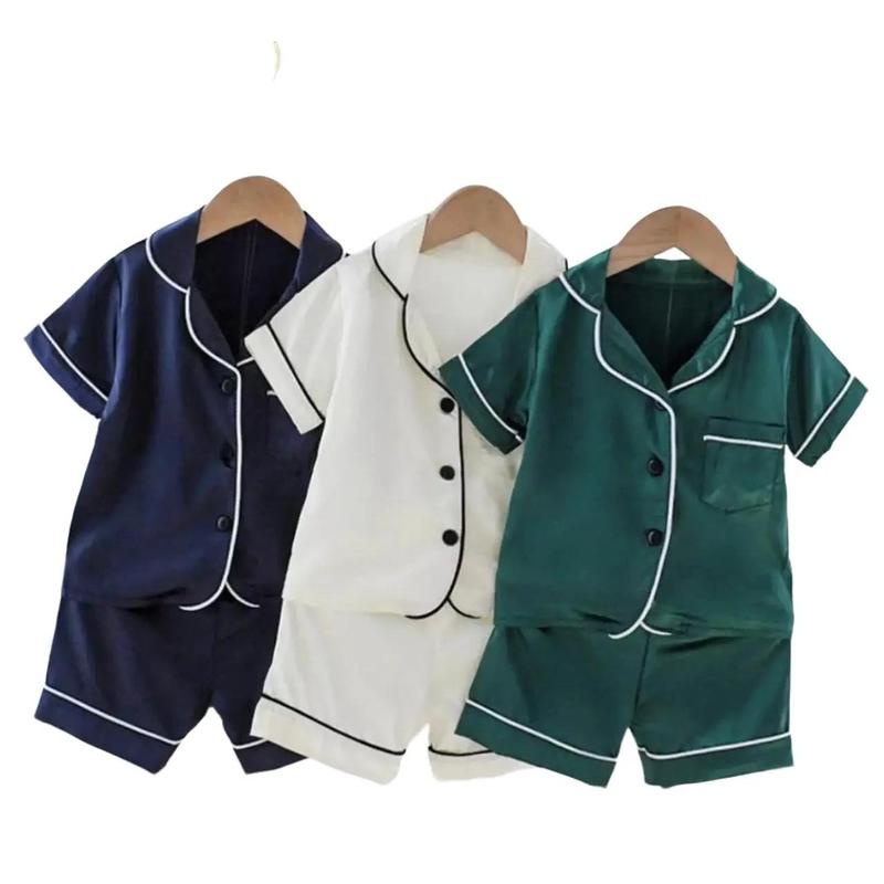  Bộ lụa ngủ cộc tay cho bé Bộ quần áo Pijama trơn chất lụa satin mặc ở nhà cho bé từ 8-28kg đồ ngủ pijama 