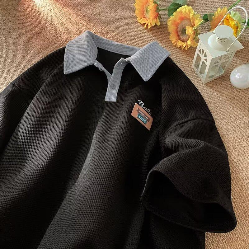 Áo Polo Có Ve Áo Tương Phản, Màu Đỏ Đậm, Nặng 230G, Áo Thun ngắn Tay Dáng Rộng Vải Bánh Quế, Tay Lửng Thích Hợp Cho Nam Và Nữ, Lý Tưởng Cho Mùa Hè Menswear 6