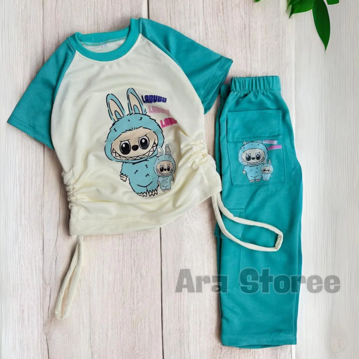 Oneset Baju Anak Perempuan Model Serut dan Celana Kargo Bahan Bebyterry Usia 3-12 Tahun Fashion