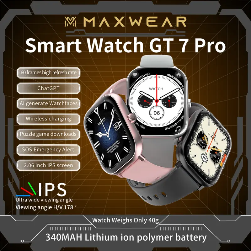 Maxwear GT7 Pro Smart Watch 2.06 inch Touch Screen Bluetooth Call Message Reminder Game GPS Sport IP67 Waterproof Watch Monitor Wireless 0