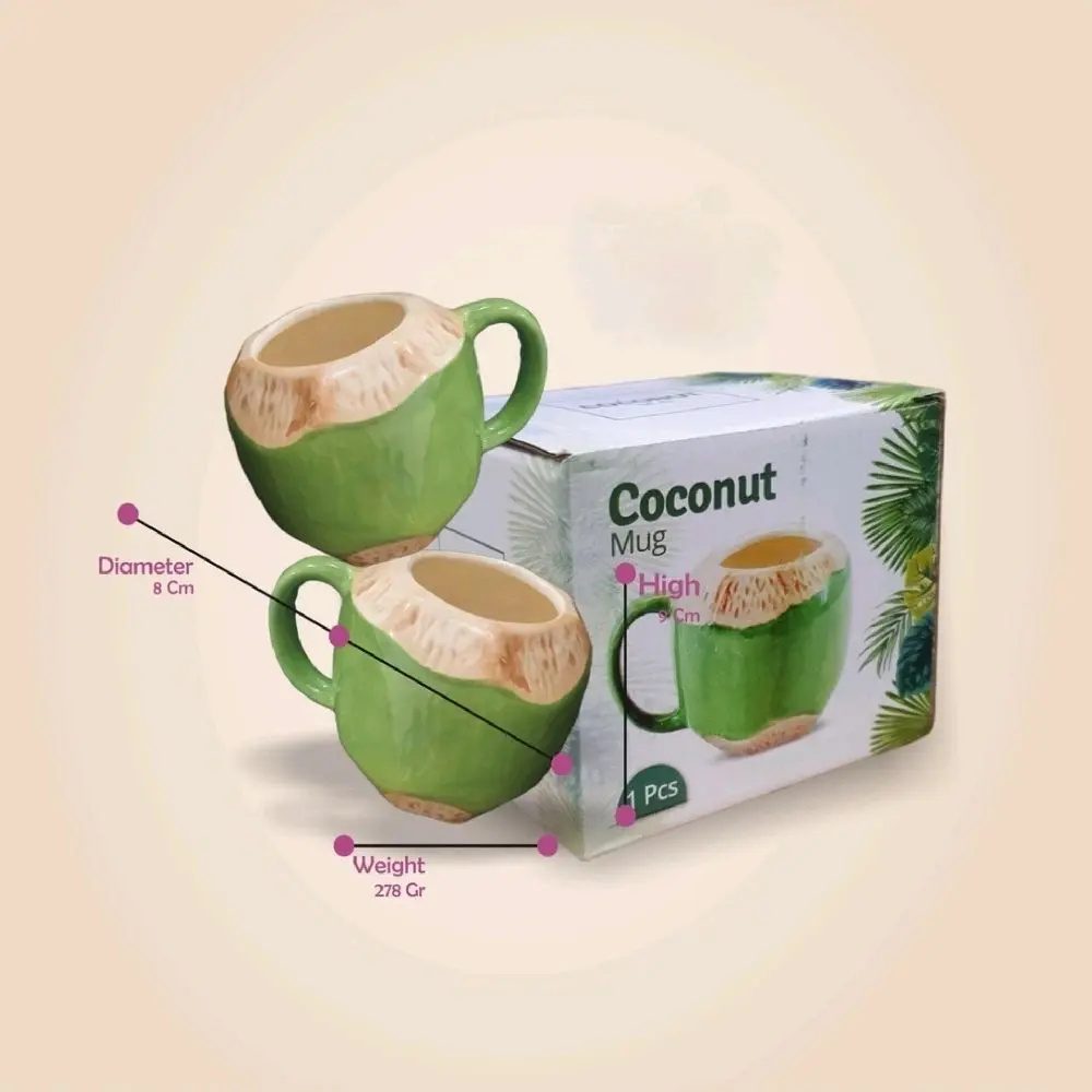 Gelas Kelapa Unik/Mug Kelapa Unik White Line /Mug Kelapa/Gelas Keramik Lucu Kitchenware Kuning Hijau Souvenir Pink
