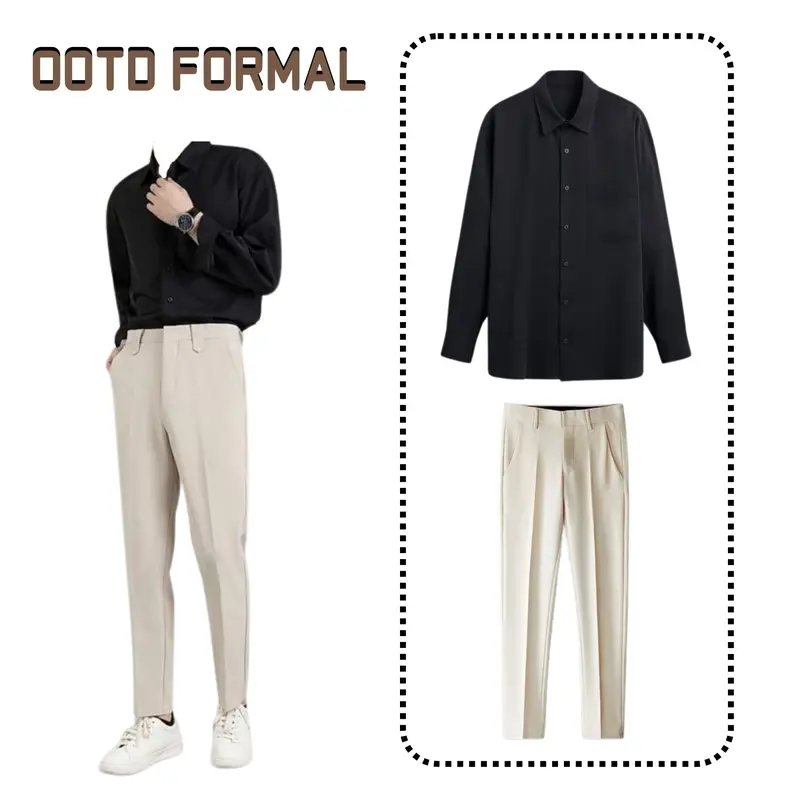 Cstl Setelan Formal Kemeja Hitam Polos Mix Ankle Pants Cream