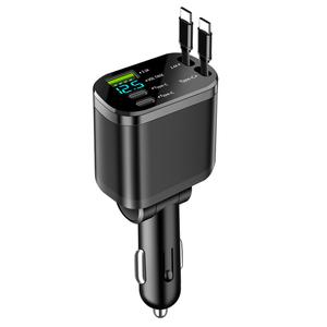 5 in 1 車載充電器 2本の伸縮式ケーブル付き、USB 3.1A デュアルタイプC USB-C急速充電対応、電圧検出機能付きスマホ充電器
