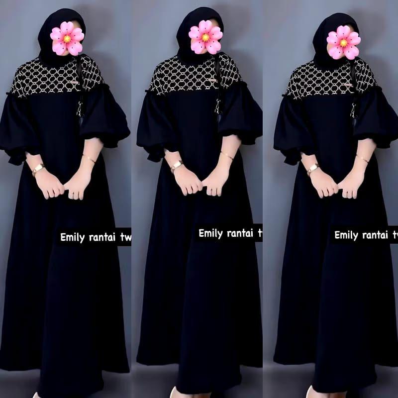 Product Introduction of Emily Dress Series Pita Dan Rantai Kombinasi Motif Gamis Wanita Terbaru Bahan Twill Rayon Tebal Hitam 9