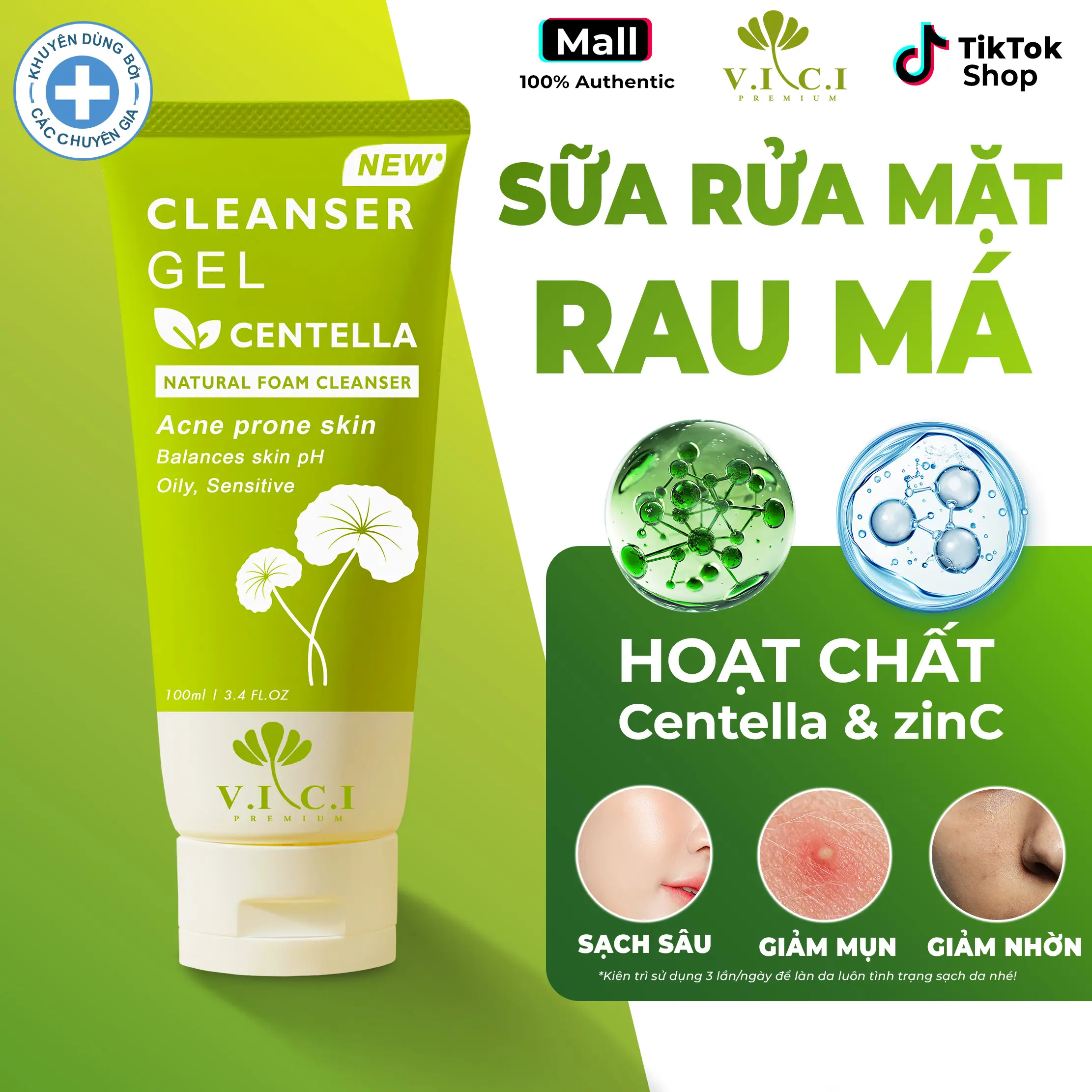 Sữa Rửa Mặt Rau Má VICI - Hỗ Trợ Giảm Dầu Mụn Cho Da Mụn Nhạy Cảm, Làm Sạch Da, Sáng Da, Làm Đẹp Da