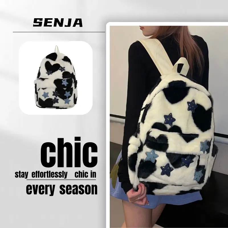 Tas ransel wanita import tas cewek sekolah kece Ransel Wanita Bintang Lima Milenial yang Menggemaskan dengan Desain Leopard Cocok untuk Mahasiswa Serba Guna Terbuat dari Bulu-Bulu Halus Gaya Niche dan Fleksibel Backpack tas ransel sekolah cewek QX152 0