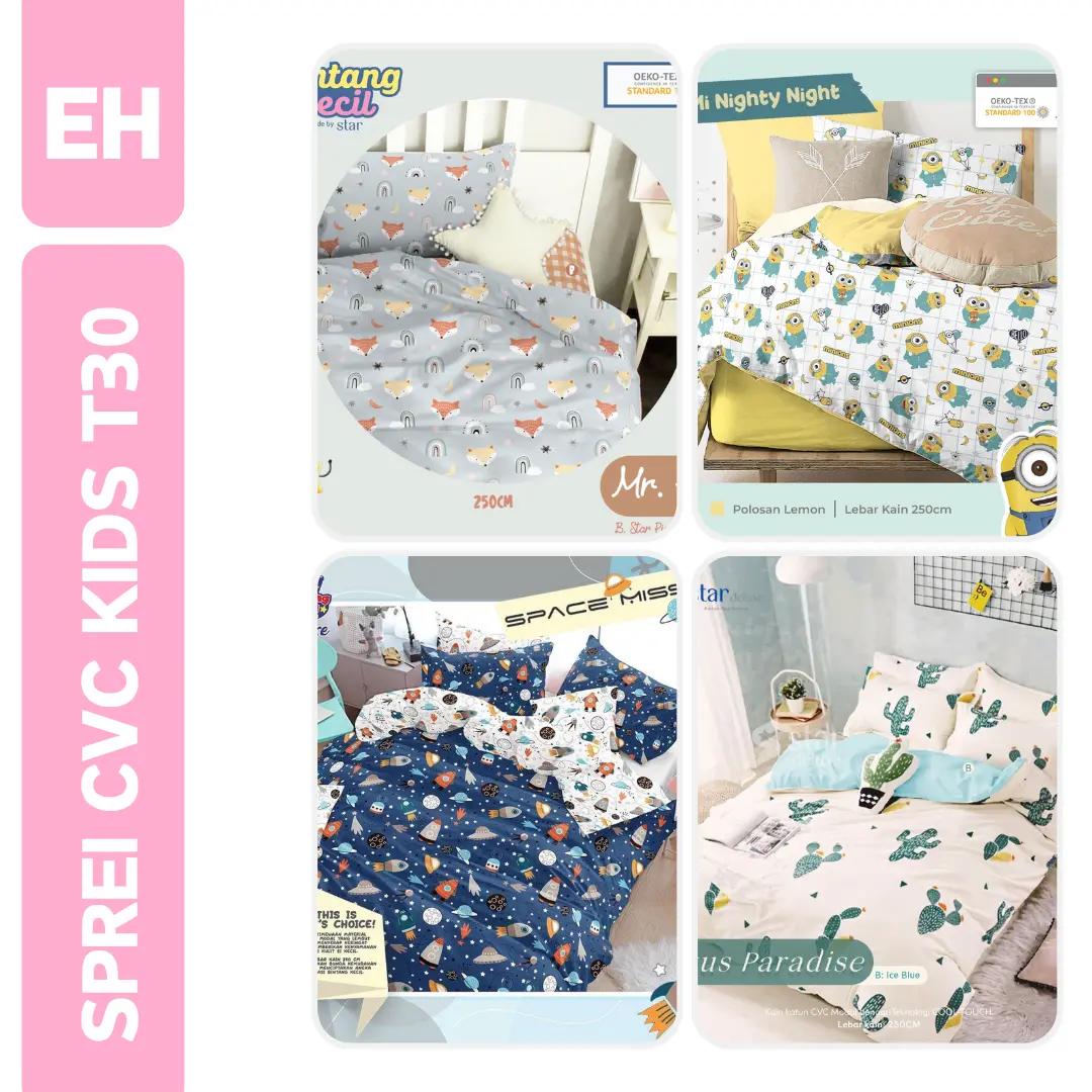 SPREI CVC MOTIF ANAK BAHAN KATUN CVC STAR | SPREI ANTI GESER BAHAN KATUN PREMIUM GRADE A+ UKURAN 180x200 / 160x200 / 120x200 TINGGI 30 Free Bantal Guling