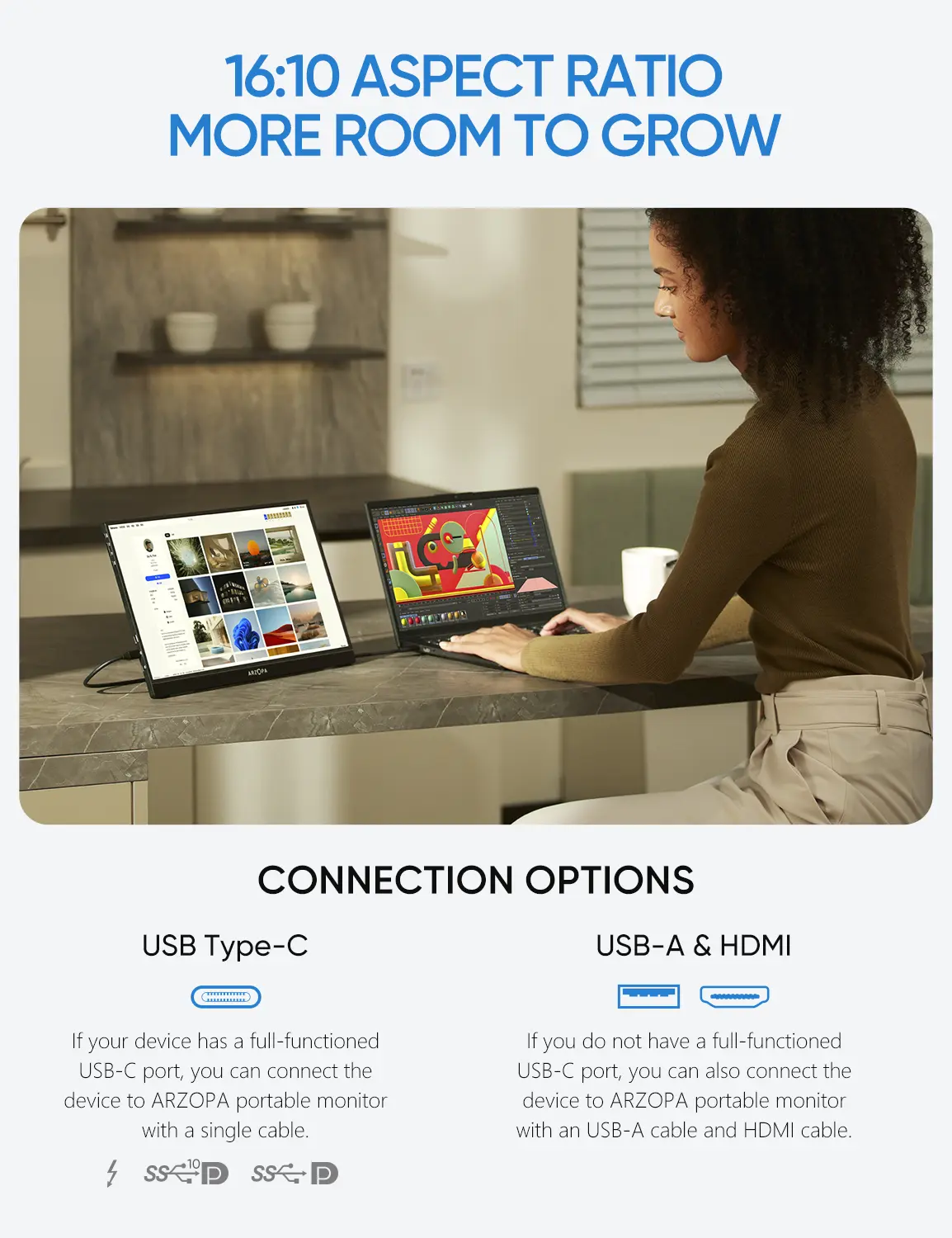 ARZOPA Z1RC 16.0 " Màn hình Cầm Tay, , Màn hình IPS，2.5K 2560x1600 QHD, 123% sRGB, Có Chân Đế Tích Hợp, USB-C, HDMI, Chăm Sóc Mắt, Màn hình Thứ Hai Bên Ngoài, Tương Thích Với Máy Tính Xách Tay Mac, Điện Thoại, PS4/5, Xbox, Switch | BigBuy360 - bigbuy360.vn