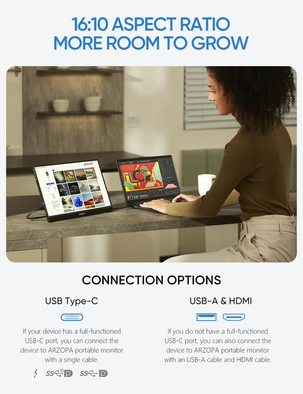 ARZOPA Z1RC จอภาพแบบพกพา, 16.0", 2560x1600 QHD, จอแสดงผล IPS, 123% sRGB, ขาตั้งในตัว, USB-C, HDMI, การดูแลดวงตา, หน้าจอที่สองภายนอก, เข้ากันได้กับ Mac, แล็ปท็อป, โทรศัพท์, PS4/5, Xbox, สวิตช์ 1