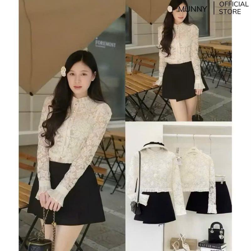    QIHO   Áo Sơ Mi Ren Hoa CropTop Dáng Ngắn Cài Nút Ngọc Áo Dài Tay Viền Bèo Phối Voan Xếp Ly Ống Loe 